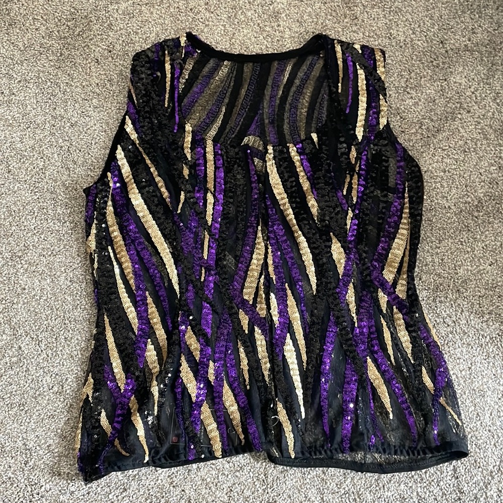 One of a kind purple, gold, black sequin lace vest